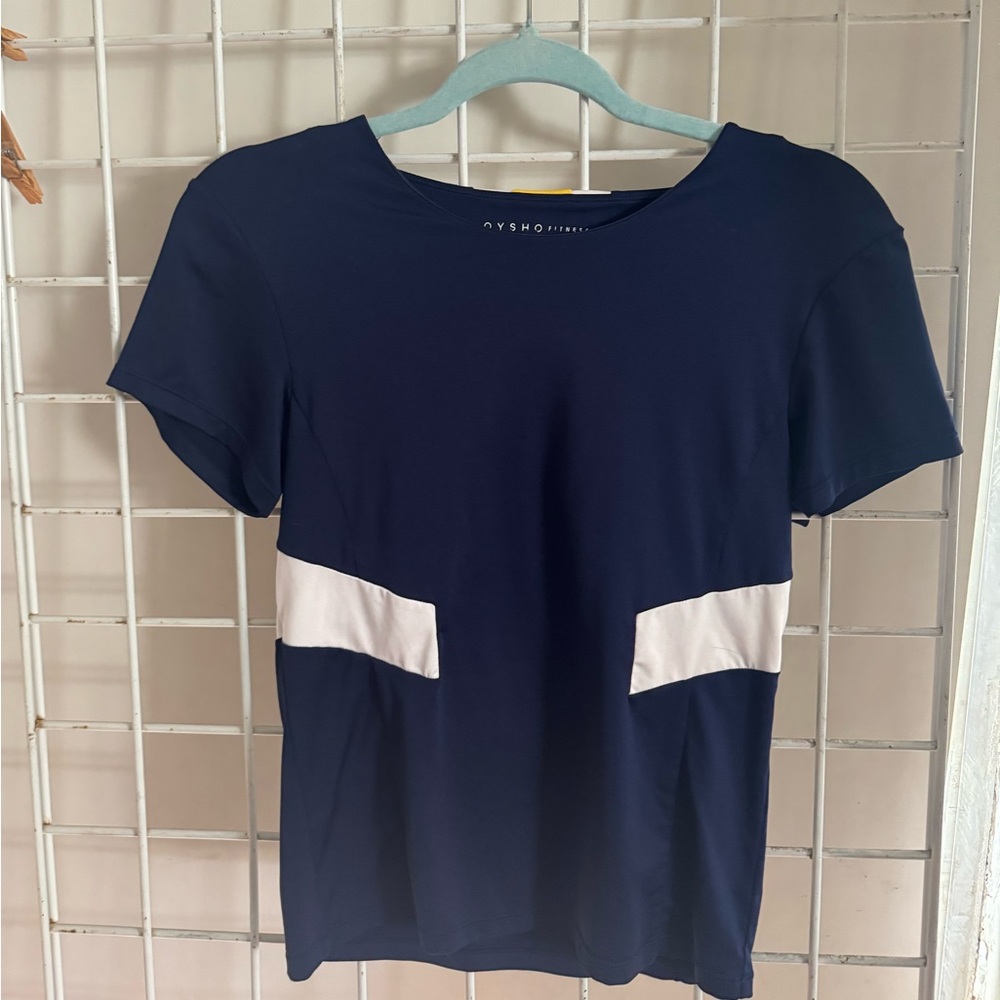 OYSHO Navy Blue and White Women's Top Size Small